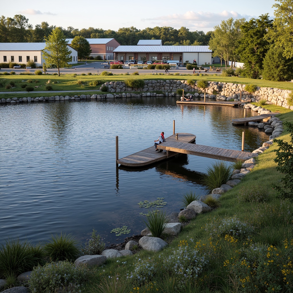 Prompt: Serene lakefront, rippling water reflections, lush greenery, native aquatic plants, rustic wooden docks, weathered stone retaining walls, modern distribution center buildings, industrial metal roofs, functional loading bays, paved parking lots, scenic walking trails, benches with lake views, bird-watching stations, naturalistic lighting, warm afternoon sunlight, shallow depth of field, 1/1 composition, realistic water textures, ambient occlusion.Please let me know if this meets your requirements!