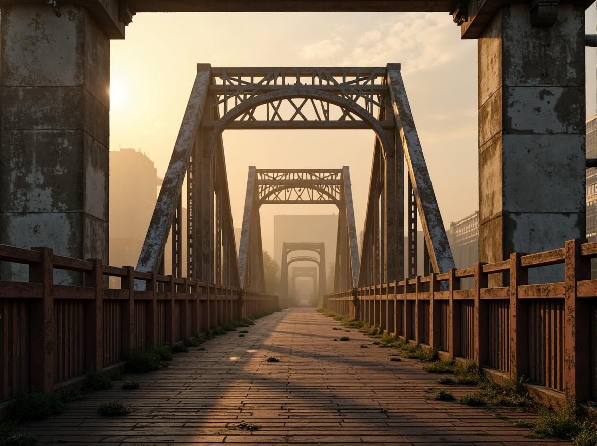 Prompt: Rustic steel bridges, industrial urban landscapes, misty mornings, warm golden light, worn wooden railings, distressed metal textures, earthy brown tones, mossy green accents, weathered concrete pillars, ornate ironwork details, soft gradient skies, atmospheric fog effects, shallow depth of field, 1/2 composition, cinematic lighting, realistic wear and tear.