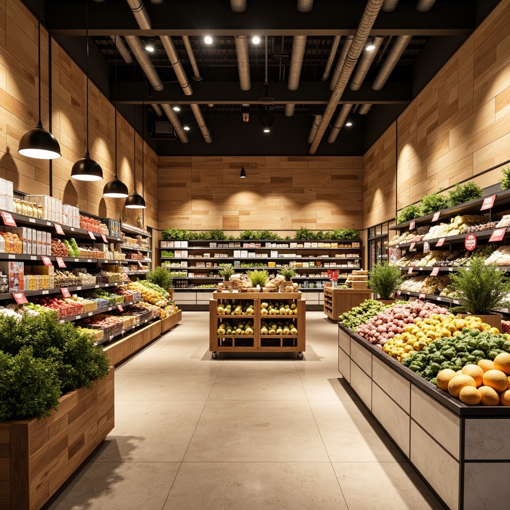 Prompt: Vibrant grocery store, warm beige walls, rich wood accents, fresh green produce stands, colorful fruit displays, bright red sale signs, creamy white shelves, modern metal racks, industrial chic lighting, natural stone floors, earthy tone ceramics, urban loft atmosphere, soft box lighting, 1/1 composition, realistic textures, ambient occlusion.