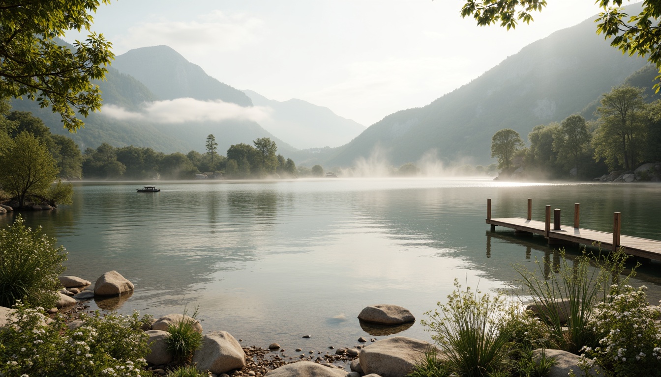 Prompt: Soft misty mountains, calming lake scenery, serene natural ambiance, gentle water ripples, warm beige stones, weathered wooden docks, lush green foliage, delicate white flowers, subtle mist effects, soft warm lighting, shallow depth of field, 1/1 composition, realistic textures, ambient occlusion.