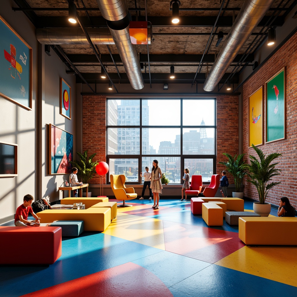 Prompt: Vibrant youth center, bold geometric shapes, bright primary colors, dynamic abstract patterns, industrial metal accents, exposed brick walls, sleek minimalist furniture, playful neon signs, urban cityscape backdrop, sunny afternoon light, shallow depth of field, 2/3 composition, cinematic camera angle, realistic textures, ambient occlusion.Please let me know if this meets your expectations!