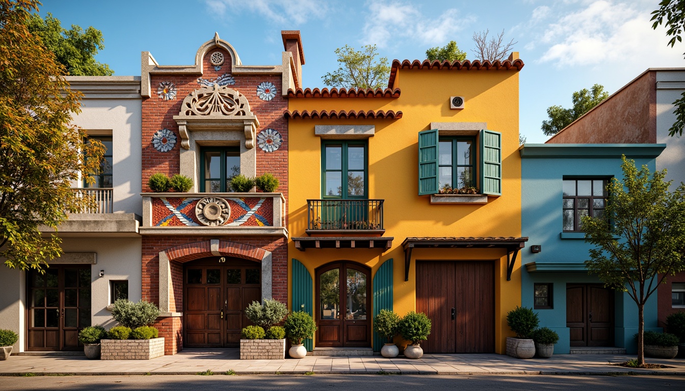 Prompt: Vibrant eclectic buildings, ornate facades, distressed brick walls, rusty metal accents, reclaimed wood textures, colorful mosaic patterns, intricate stone carvings, playful stucco finishes, whimsical rooflines, asymmetrical compositions, dramatic shadows, warm golden lighting, shallow depth of field, 1/2 composition, realistic renderings, ambient occlusion.