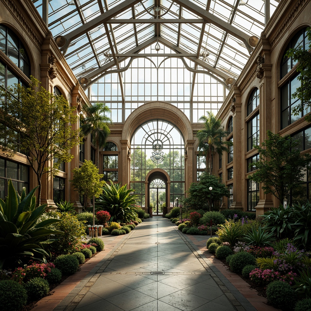 Prompt: Opulent greenhouse, lavish botanical gardens, ornate metal frames, geometric glass panels, symmetrical architecture, stepped silhouettes, zigzag motifs, sunburst designs, chevron patterns, luxurious materials, polished chrome accents, inlaid wood details, exotic plants, tropical flowers, soft natural light, warm misty atmosphere, shallow depth of field, 1/1 composition, realistic reflections, ambient occlusion.