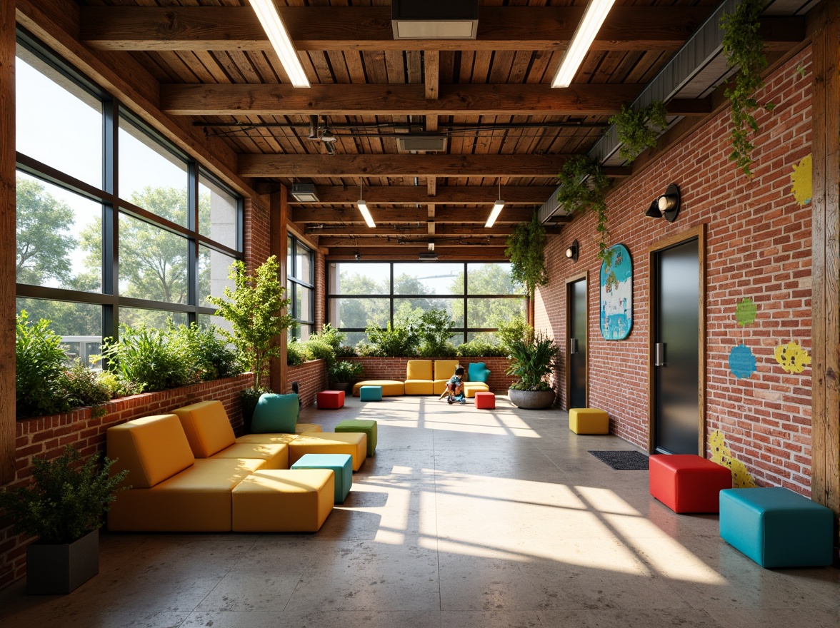 Prompt: Vibrant youth center, exposed brick walls, wooden accents, bold color schemes, playful murals, eclectic furniture, natural stone floors, industrial metal beams, reclaimed wood ceilings, abundant greenery, living walls, urban garden views, warm sunny lighting, shallow depth of field, 3/4 composition, panoramic view, realistic textures, ambient occlusion.