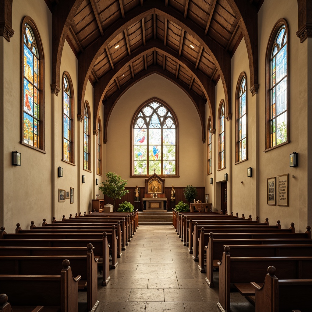 Prompt: Sacred church interior, vaulted ceilings, stunning stained glass windows, ornate wooden pews, tranquil atmosphere, soft warm lighting, muted earth tones, calming blue hues, golden accents, elegant cream walls, rich wood textures, subtle natural patterns, inspirational quotes, peaceful ambiance, shallow depth of field, 1/1 composition, realistic renderings, ambient occlusion.