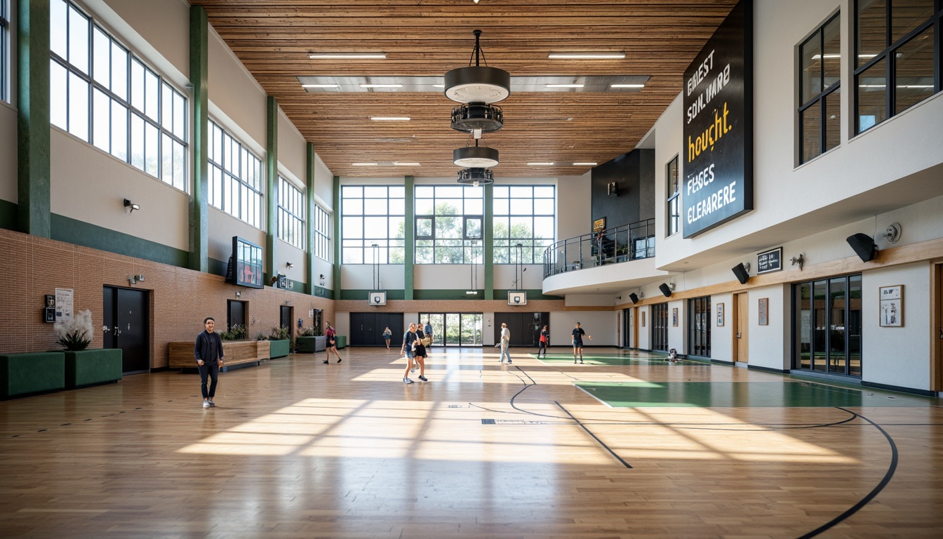 Prompt: Modern gymnasium interior, high ceiling, polished wooden floors, mirrored walls, professional sports equipment, basketball hoops, volleyball nets, badminton courts, athletic tracks, stadium seating, LED scoreboard displays, motivational quotes, natural light, clerestory windows, minimalist design, functional layout, flexible floor planning, acoustic soundproofing, durable materials, ventilation systems, air purification, bright color scheme, energizing atmosphere, shallow depth of field, 1/1 composition, realistic textures.