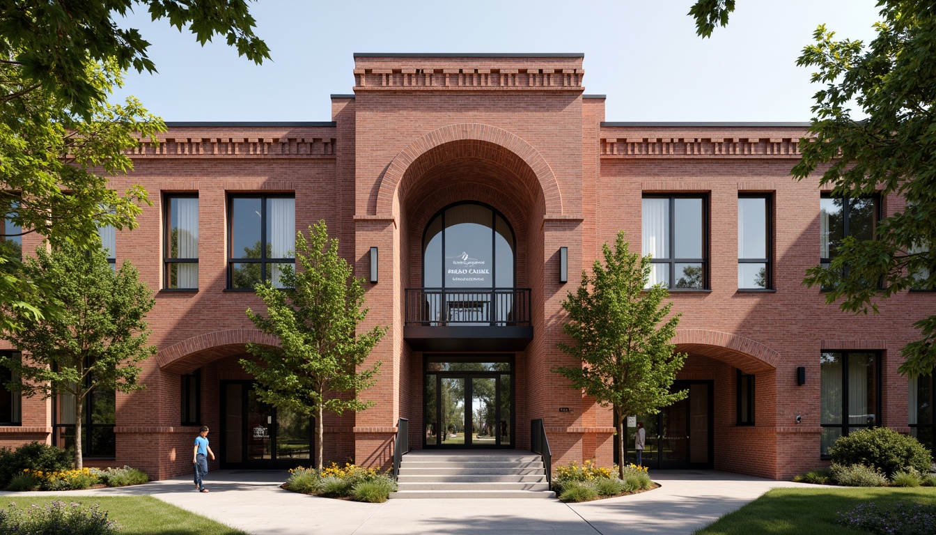 Prompt: Rustic high school building, traditional brick fa\u00e7ade, ornate arches, robust columns, weathered red bricks, earthy tones, natural textures, grand entrance gates, inviting courtyard, lush greenery, shaded outdoor spaces, educational signs, vibrant murals, modern amenities, sleek metal accents, large windows, glass doors, warm afternoon lighting, shallow depth of field, 3/4 composition, realistic textures, ambient occlusion.