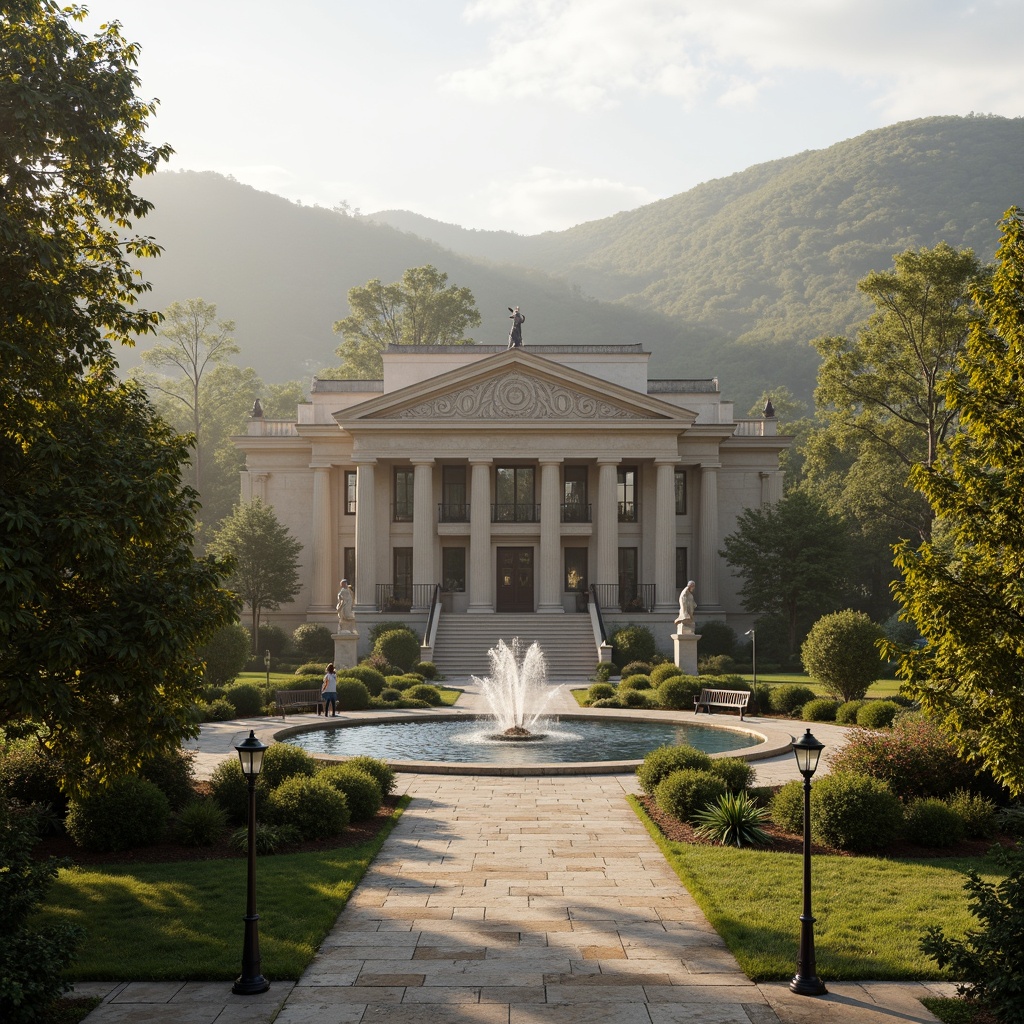 Prompt: Grand neoclassical estate, symmetrical facade, ornate columns, carved stone details, lush greenery, rolling hills, serene lake, walking paths, iron benches, vintage lampposts, soft warm lighting, misty morning, shallow depth of field, 2/3 composition, panoramic view, realistic textures, ambient occlusion, subtle color palette, earthy tones, elegant water features, manicured lawns, majestic trees, classical sculptures, ornate fountains.