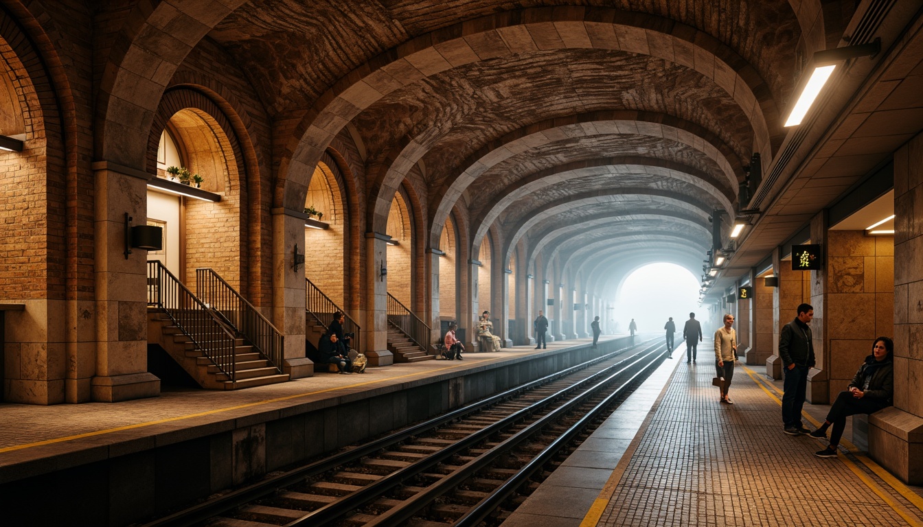 Prompt: Romanesque metro station, rugged stone walls, vaulted ceilings, ornate arches, grand entranceways, heavy rusticated stonework, richly textured brick patterns, warm earthy tones, dramatic lighting effects, atmospheric foggy ambiance, intricate mosaic tilework, ornamental ironwork, sturdy columns, majestic staircases, underground tunnels, subway tracks, modern transportation systems, bustling urban activity, morning rush hour, soft natural light, 1/1 composition, realistic textures, ambient occlusion.