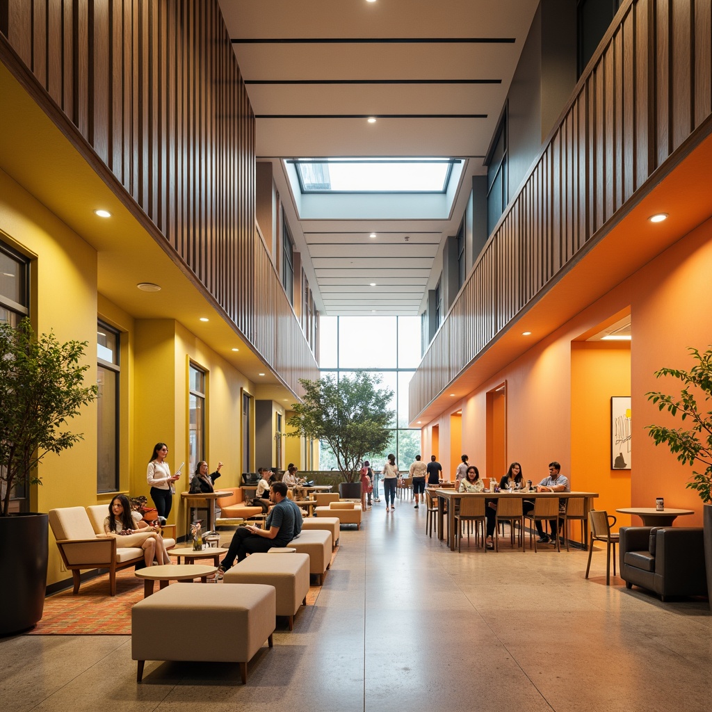 Prompt: Vibrant student halls, modern architecture, bright color scheme, energetic atmosphere, communal lounge areas, cozy private quarters, wooden furniture, comfortable sofas, bold accent walls, calming natural tones, warm beige flooring, soft pastel hues, subtle gradient effects, warm golden lighting, shallow depth of field, 1/2 composition, realistic textures, ambient occlusion.