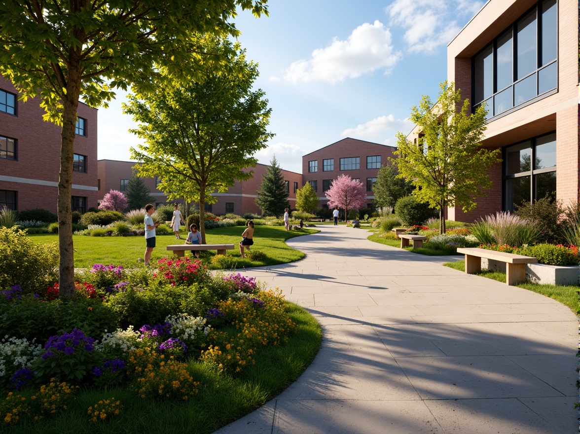 Prompt: Vibrant flowers, lush greenery, manicured lawns, colorful gardens, schoolyard benches, educational signage, natural stone walkways, brick buildings, modern architecture, large windows, glass doors, blooming trees, sunny day, soft warm lighting, shallow depth of field, 3/4 composition, panoramic view, realistic textures, ambient occlusion.