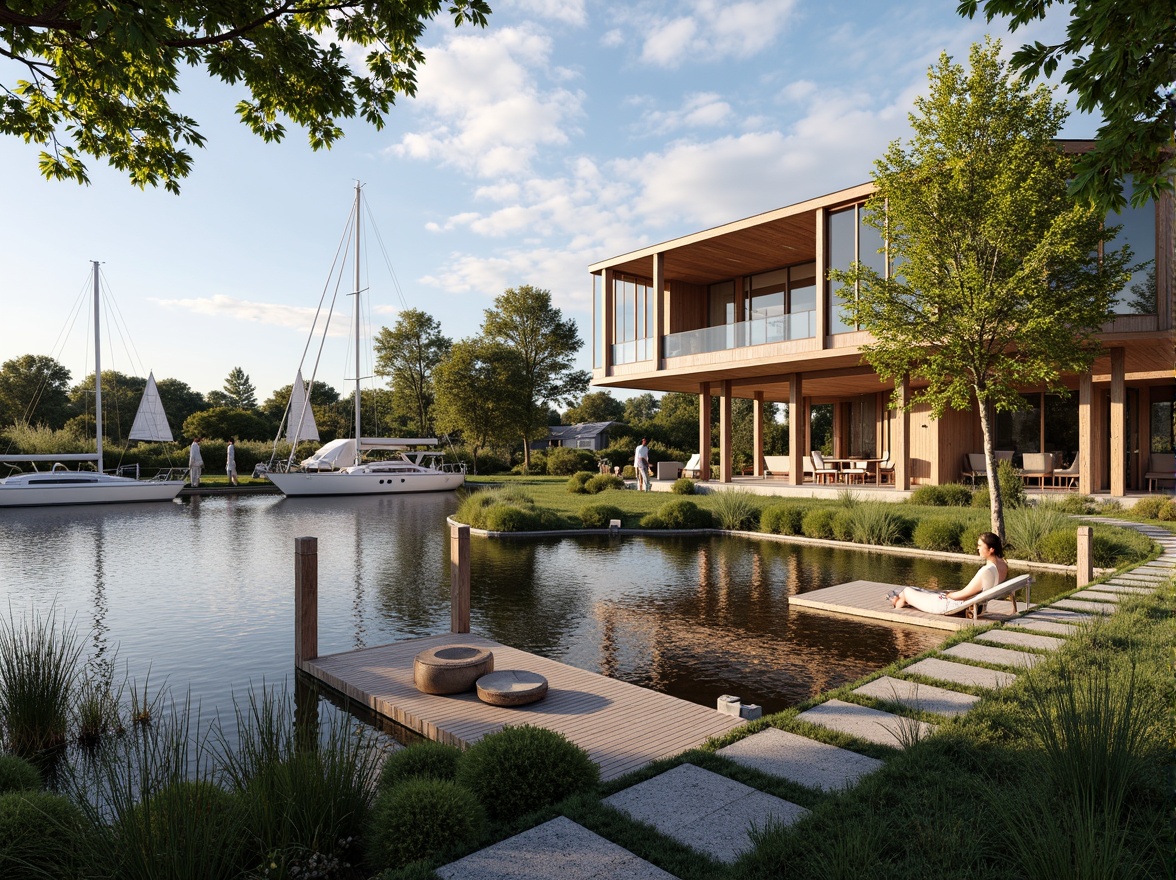 Prompt: Waterfront location, wooden dock, sailboats, yachts, luxurious interior, modern boathouse design, floor-to-ceiling windows, sliding glass doors, rustic wood accents, nautical decor, warm ambient lighting, shallow water reflections, 1/1 composition, realistic textures, natural stone pathways, lush greenery, serene lake views, sunny day, soft warm lighting.