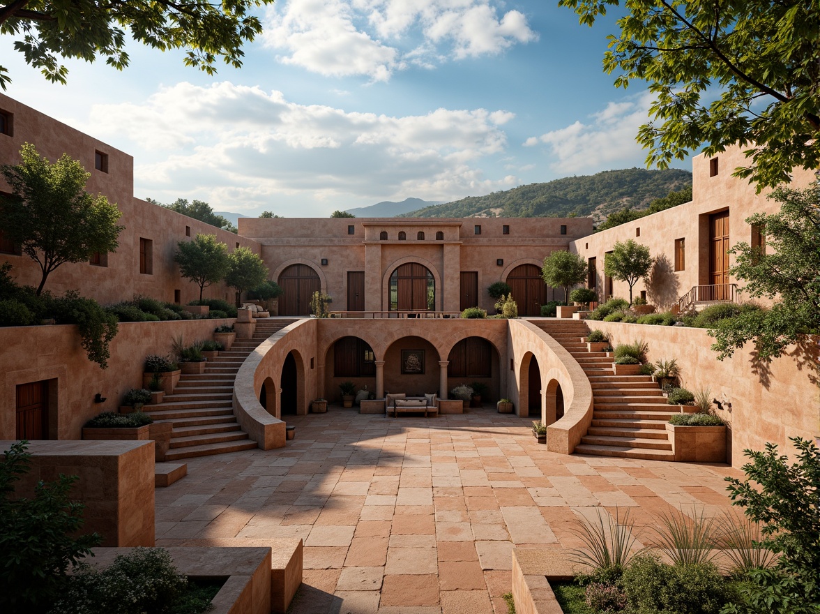 Prompt: Earthy tone amphitheater, rustic stone seating, vibrant greenery, natural wood accents, warm terracotta flooring, soft warm lighting, shallow depth of field, 3/4 composition, panoramic view, realistic textures, ambient occlusion, gradient blue skies, fluffy white clouds, gentle afternoon sun, subtle shadows, ancient-inspired carvings, ornate metal details, curved lines, grandiose entrance, imposing structure, dramatic staircases.