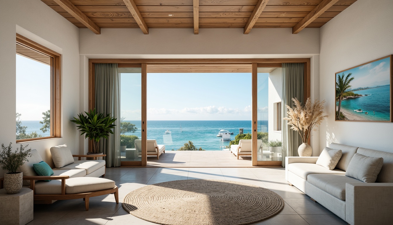 Prompt: Soothing ocean views, calming waves sounds, beachy vibe, modern clinic architecture, white stucco walls, wooden accents, nautical-themed decor, shells and driftwood adornments, ocean-inspired color palette, blue-green hues, natural textures, glass doors, minimalist interior design, open floor plans, abundant natural light, coastal breeze ventilation, seamless indoor-outdoor transition, serene atmosphere, warm soft lighting, shallow depth of field, 3/4 composition, realistic rendering.