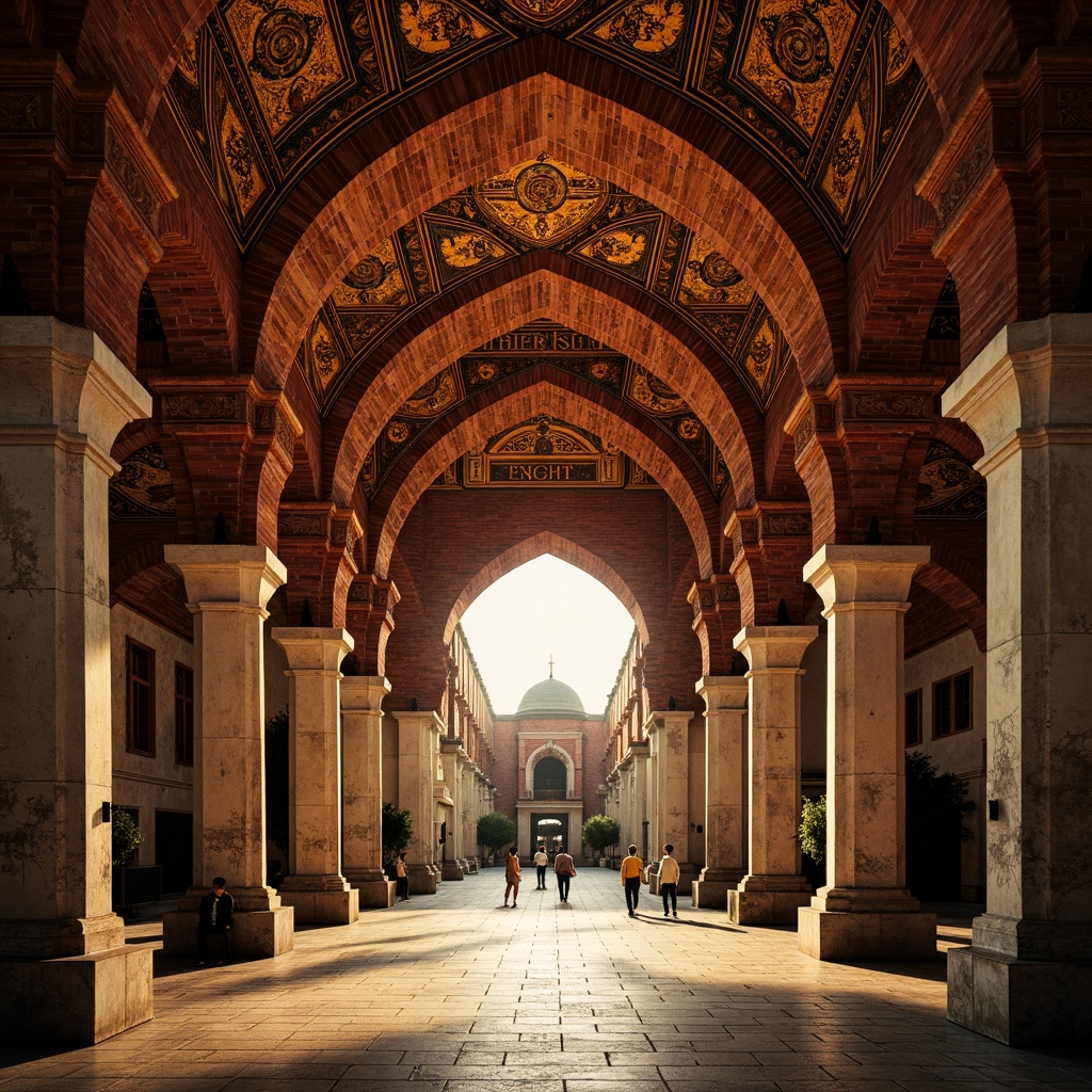 Prompt: Ancient Byzantine arches, intricately carved stone ornaments, golden mosaics, ornate frescoes, grandiose domed structures, majestic vaulted ceilings, rustic brick walls, weathered stone columns, imposing entrance gates, intricate geometric patterns, vibrant red and gold color schemes, dramatic lighting effects, high-contrast shadows, 1/2 composition, symmetrical framing, warm golden hour, soft atmospheric perspective.