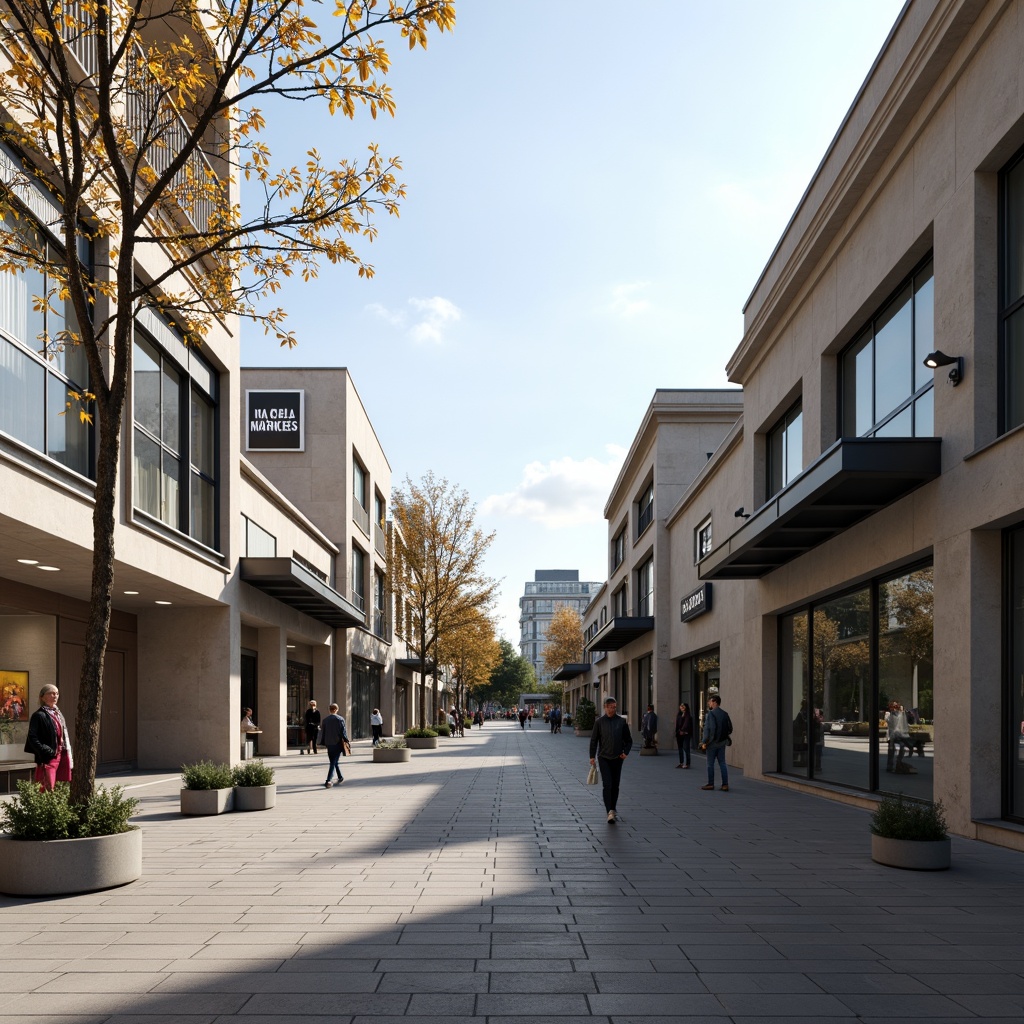 Prompt: Clean market square, minimalist facades, neutral color palette, large glass windows, steel frames, industrial-style lamps, modern signage, simple typography, subtle branding, natural stone pavement, urban landscape, morning sunlight, soft shadows, shallow depth of field, 2/3 composition, realistic textures, ambient occlusion.