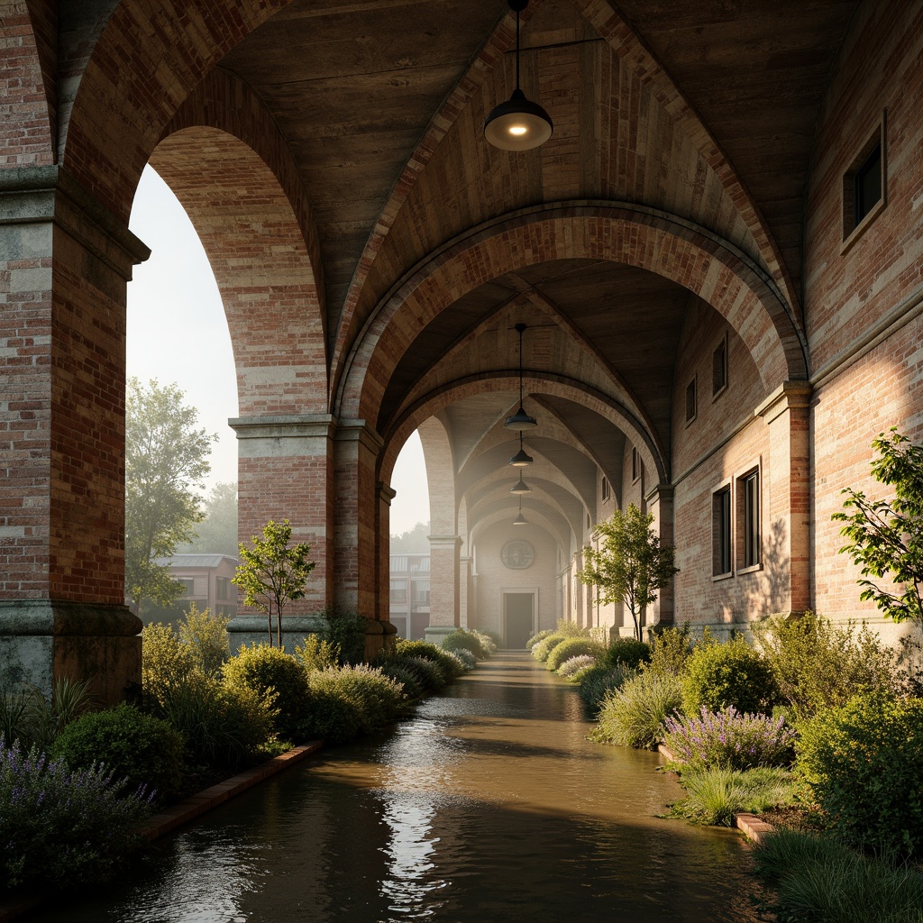 Prompt: Rustic stone arches, robust piers, sturdy abutments, semicircular vaults, groin vaults, ribbed ceilings, ornate capitals, carved stonework, weathered brick facades, moss-covered walls, tranquil water reflections, lush riverbanks, verdant foliage, warm golden lighting, soft misty atmosphere, shallow depth of field, 2/3 composition, symmetrical framing, realistic textures, ambient occlusion.