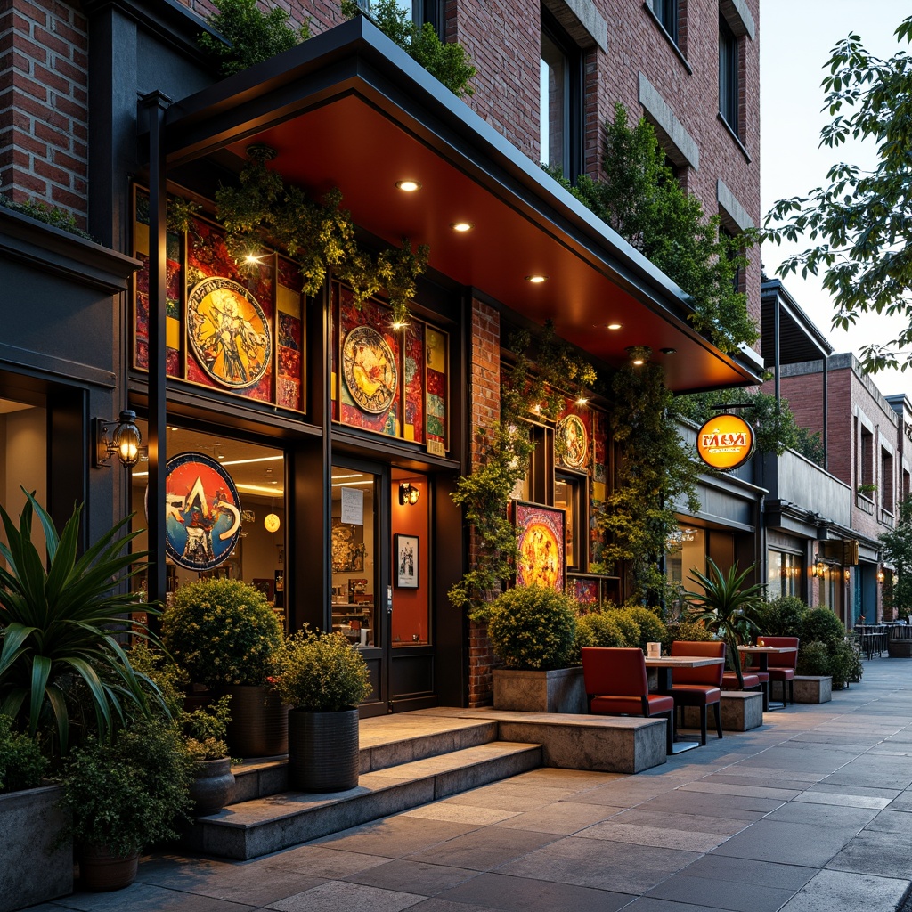 Prompt: Vibrant eclectic restaurant facade, ornate Victorian details, industrial metal frames, reclaimed wooden accents, distressed brick walls, colorful tile mosaics, antique signage, lush greenery, cascading vines, modern LED lighting, abstract street art, urban cityscape, bustling streets, warm golden lighting, shallow depth of field, 1/1 composition, realistic textures, ambient occlusion.