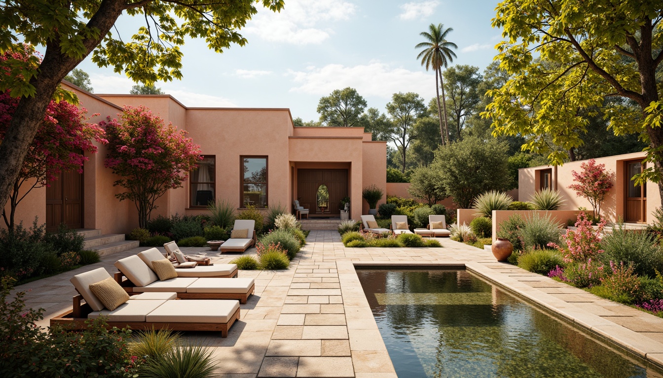 Prompt: Warm Mediterranean villa, soft peach walls, cream-colored roofs, lush green gardens, vibrant bougainvillea flowers, tranquil water features, rustic stone pathways, wooden accents, natural textures, earthy tones, warm beige furniture, plush outdoor upholstery, sunny afternoon, gentle warm lighting, shallow depth of field, 1/2 composition, realistic render, ambient occlusion.