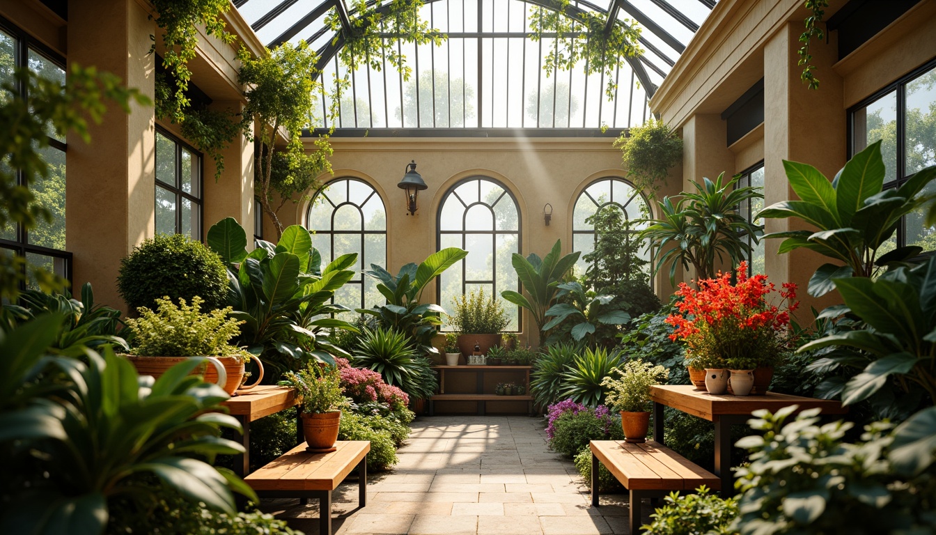 Prompt: Vibrant greenhouse interior, lush tropical plants, exotic flowers, warm natural light, misty atmosphere, humid environment, rustic wooden benches, metal trellises, earthy terracotta pots, soft pastel colors, warm beige walls, rich greenery, thriving foliage, delicate vines, whimsical garden decor, playful ceramic accents, lively polka dot patterns, sunny afternoon, softbox lighting, shallow depth of field, 1/2 composition, intimate atmosphere, realistic plant textures.