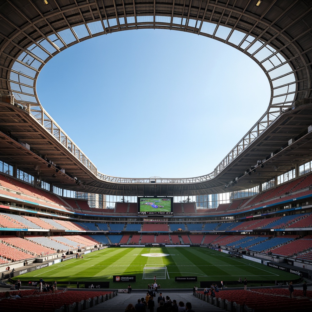 Prompt: Grand football stadium, imposing arches, robust columns, sleek steel beams, vibrant team colors, dynamic lighting systems, retractable roofs, lush green fields, tiered seating areas, athletic tracks, scoreboards, floodlights, urban cityscape backdrop, sunny afternoon, dramatic shadows, 1/1 composition, low-angle shot, realistic textures, ambient occlusion.