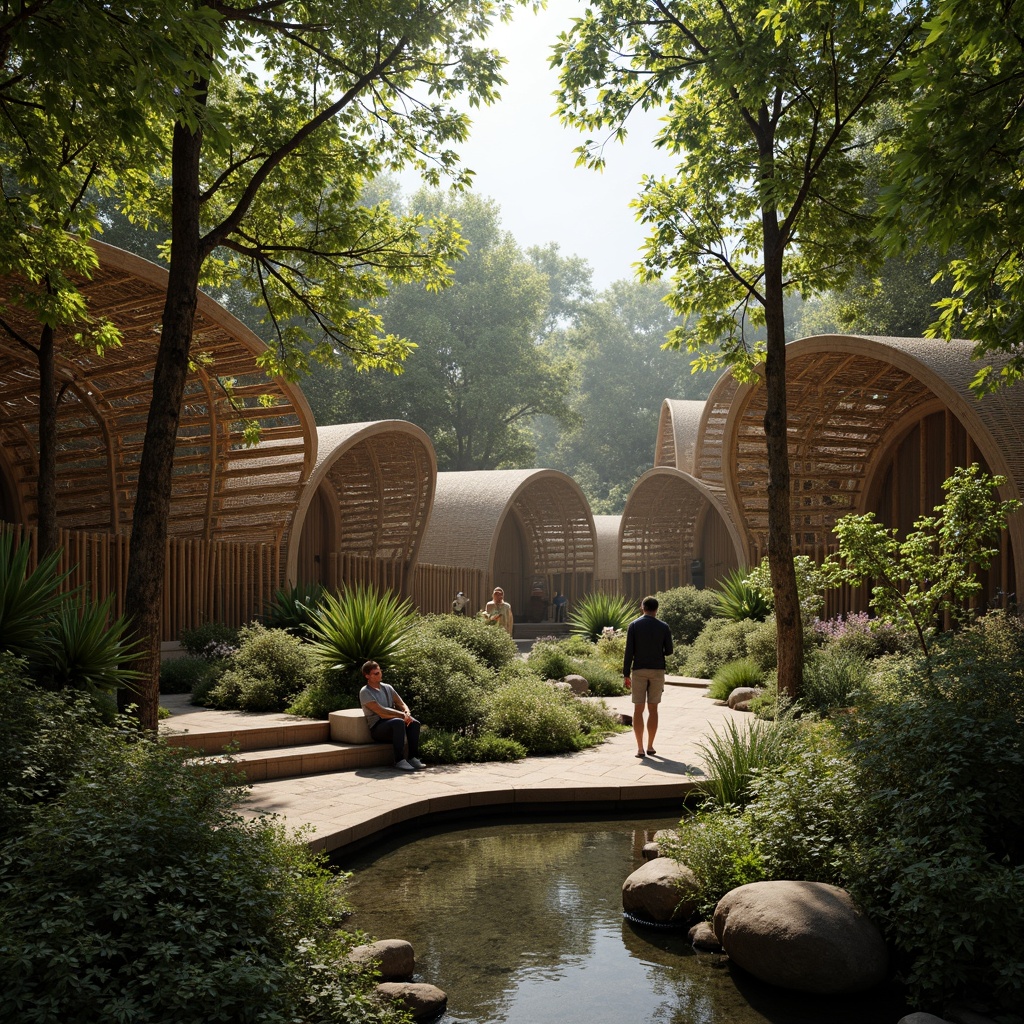 Prompt: Organic bamboo structures, natural curved lines, earthy tones, woven bamboo textures, sustainable building materials, eco-friendly architecture, serene forest surroundings, misty morning atmosphere, soft diffused lighting, shallow depth of field, 1/2 composition, intimate close-up shots, realistic renderings, ambient occlusion.