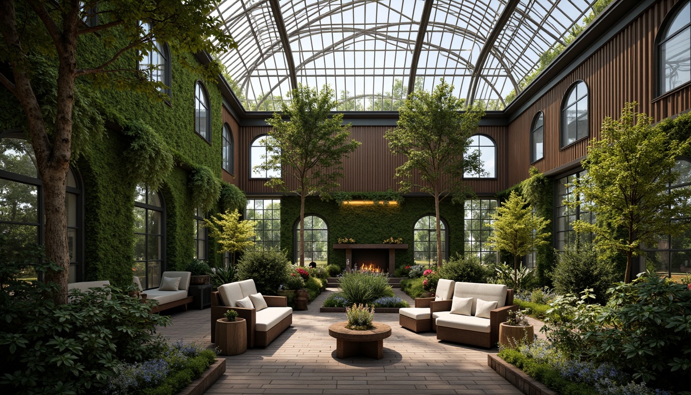 Prompt: Luxurious greenhouse interior, opulent vegetation, metallic framework, ornate glass panels, polished chrome accents, rich wood tones, velvety green walls, geometric patterns, lavish furnishings, exotic plants, tropical flowers, soft warm lighting, subtle misting system, 1/2 composition, symmetrical architecture, elegant curves, intricate details, sophisticated materials, refined textures.