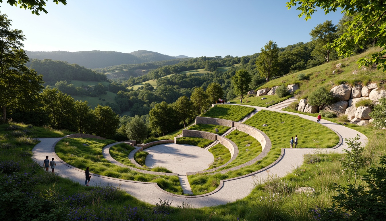 Prompt: Seamless amphitheater design, lush green hillsides, natural stone seating areas, curved walkways, gentle slopes, integrated landscape architecture, native plant species, wildflower meadows, rustic wooden accents, earthy color palette, organic shapes, functional drainage systems, accessible ramps, panoramic views, warm sunny days, soft diffused lighting, shallow depth of field, 2/3 composition, atmospheric perspective, realistic textures, ambient occlusion.