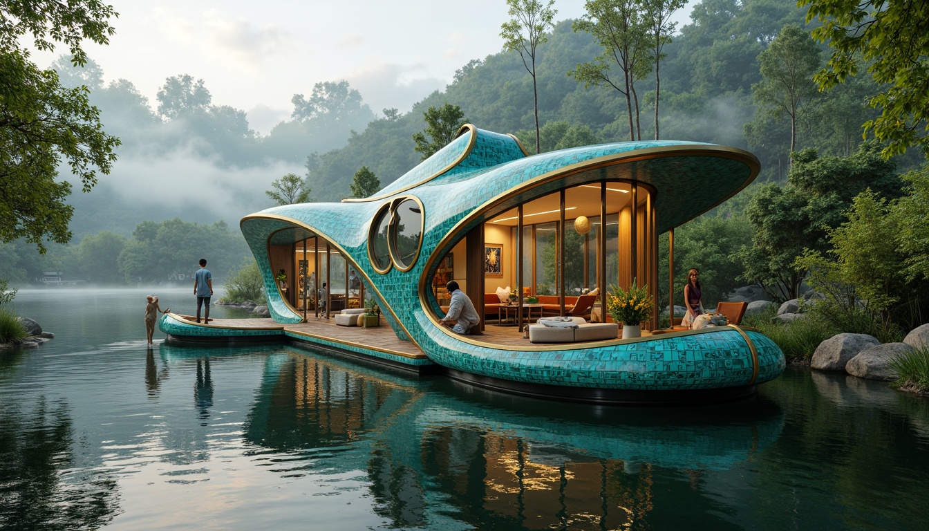 Prompt: Art Nouveau boathouse, iridescent turquoise, shimmering silver, rich gold accents, flowing curves, organic forms, ornate details, stained glass windows, intricate mosaics, water-lily-inspired motifs, lush greenery, serene lake surroundings, misty morning atmosphere, soft warm lighting, 1/1 composition, realistic textures, ambient occlusion.