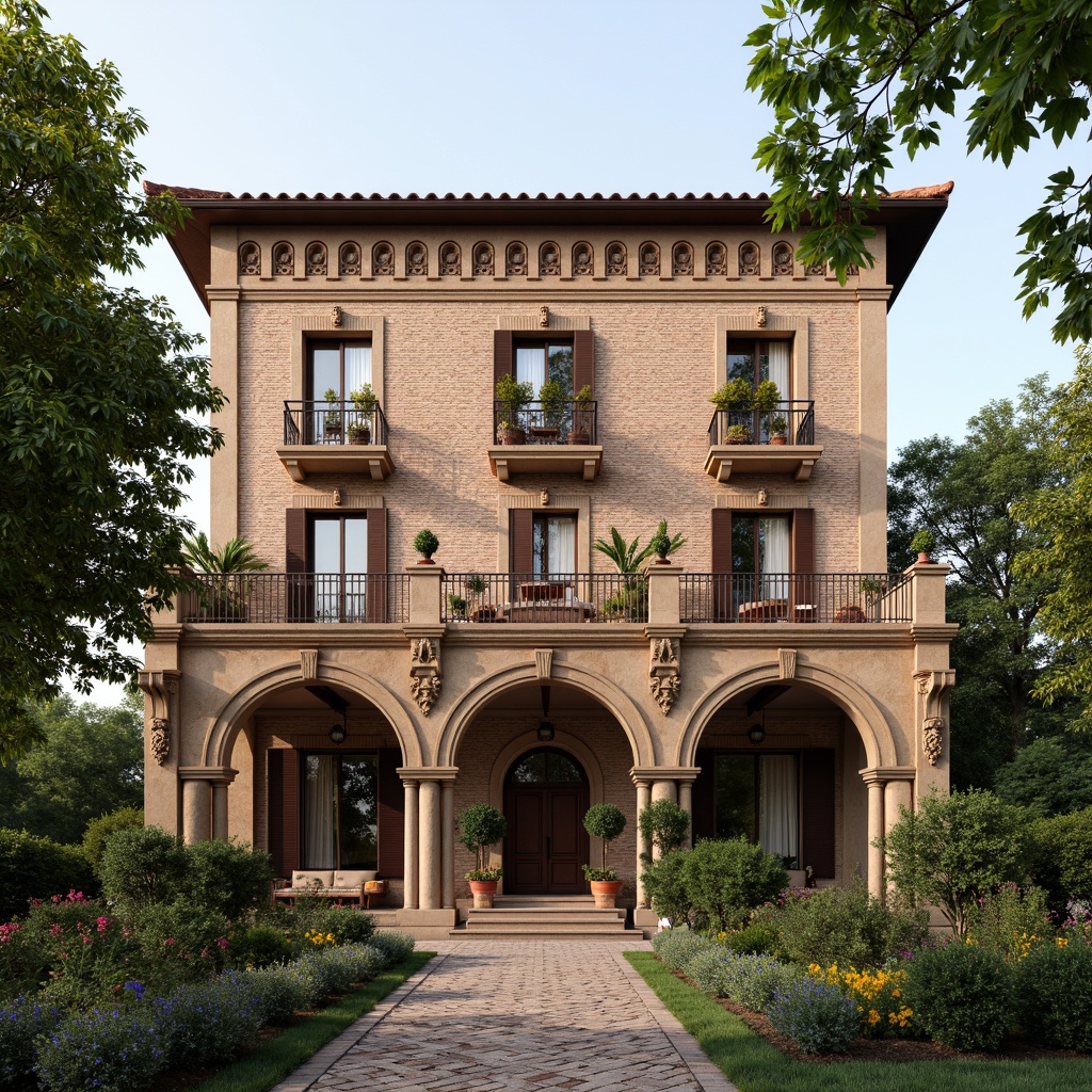 Prompt: Renaissance-style villa facade, ornate stone carvings, grandiose archways, rustic brick walls, terracotta roofing, Mediterranean-inspired stucco, classical columns, intricate balconies, ornamental railings, lush greenery, vibrant flowerboxes, cobblestone pathways, soft warm lighting, shallow depth of field, 3/4 composition, symmetrical arrangement, realistic textures, ambient occlusion.