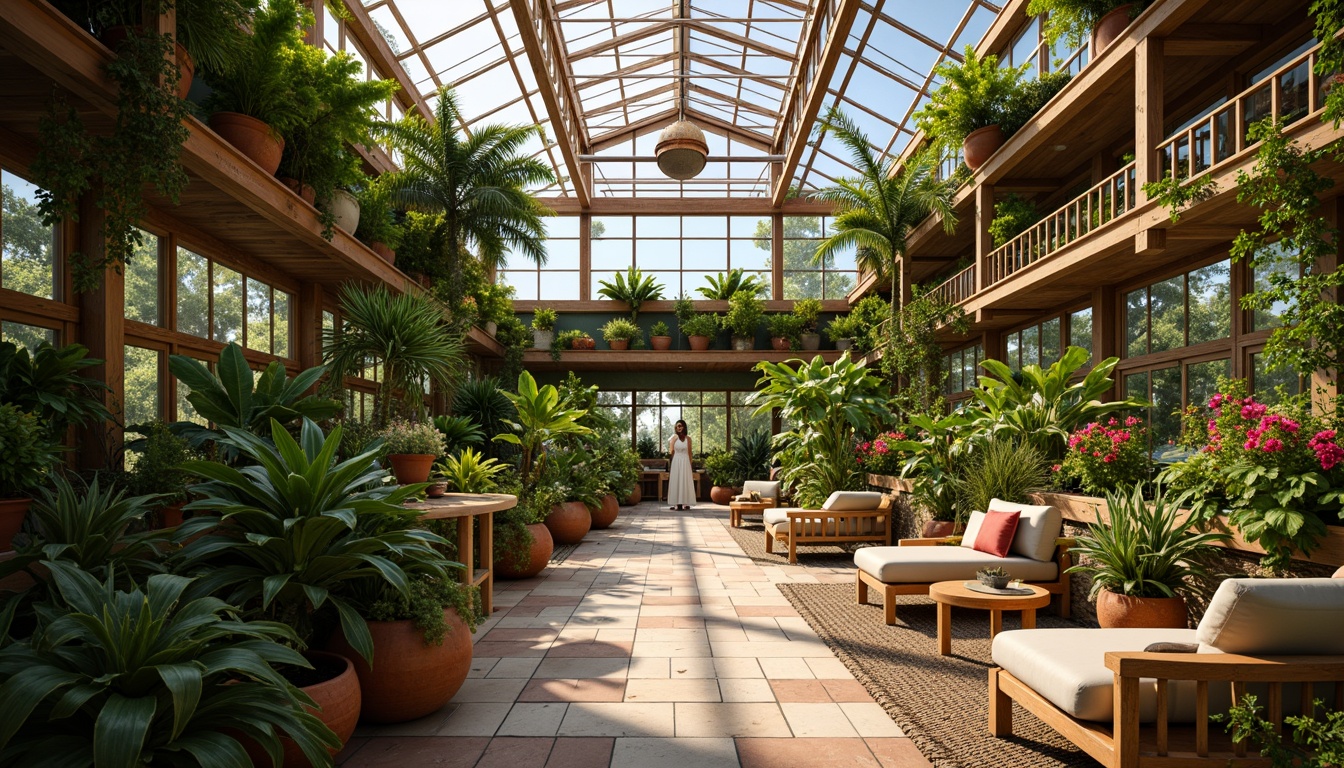 Prompt: Vibrant greenhouse interior, lush tropical plants, warm natural lighting, earthy terracotta pots, wooden trellises, misting system, exotic flowers, colorful ceramic tiles, distressed wood accents, woven rattan furniture, soft moss walls, organic shapes, 3/4 composition, shallow depth of field, warm color temperature, high contrast ratio, realistic textures, ambient occlusion.