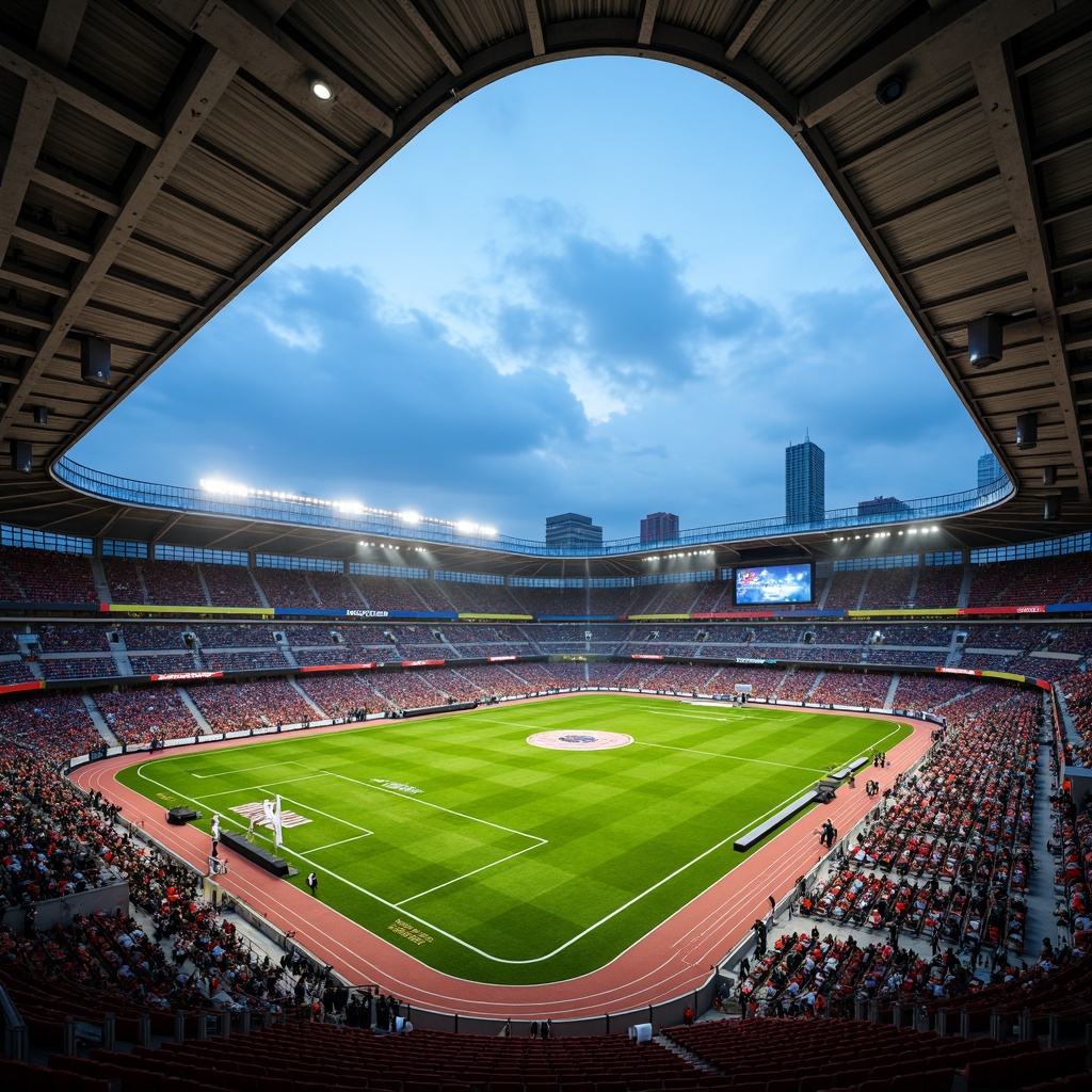 Prompt: Iconic football stadium, cantilevered roofs, bold angular lines, dynamic curves, vibrant team colors, retractable seating, lush green grass, athletic tracks, scoreboard displays, floodlighting, misty evening atmosphere, shallow depth of field, 1/1 composition, symmetrical architecture, brutalist concrete structures, geometric patterned fa\u00e7ades, metallic accents, urban cityscape background, dramatic night lighting, realistic crowd simulation.