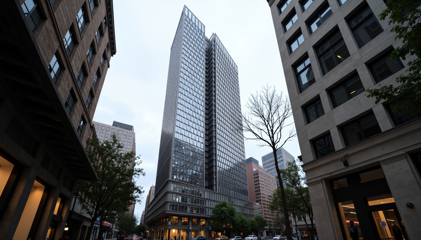 Prompt: Modernist skyscraper, sleek glass facades, rectangular forms, clean lines, minimal ornamentation, open floor plans, functional spaces, industrial materials, exposed ductwork, steel beams, concrete columns, urban cityscape, busy streets, metropolitan atmosphere, overcast skies, dramatic shadows, high-contrast lighting, 1/2 composition, symmetrical framing, cinematic mood, realistic reflections, subtle textures.