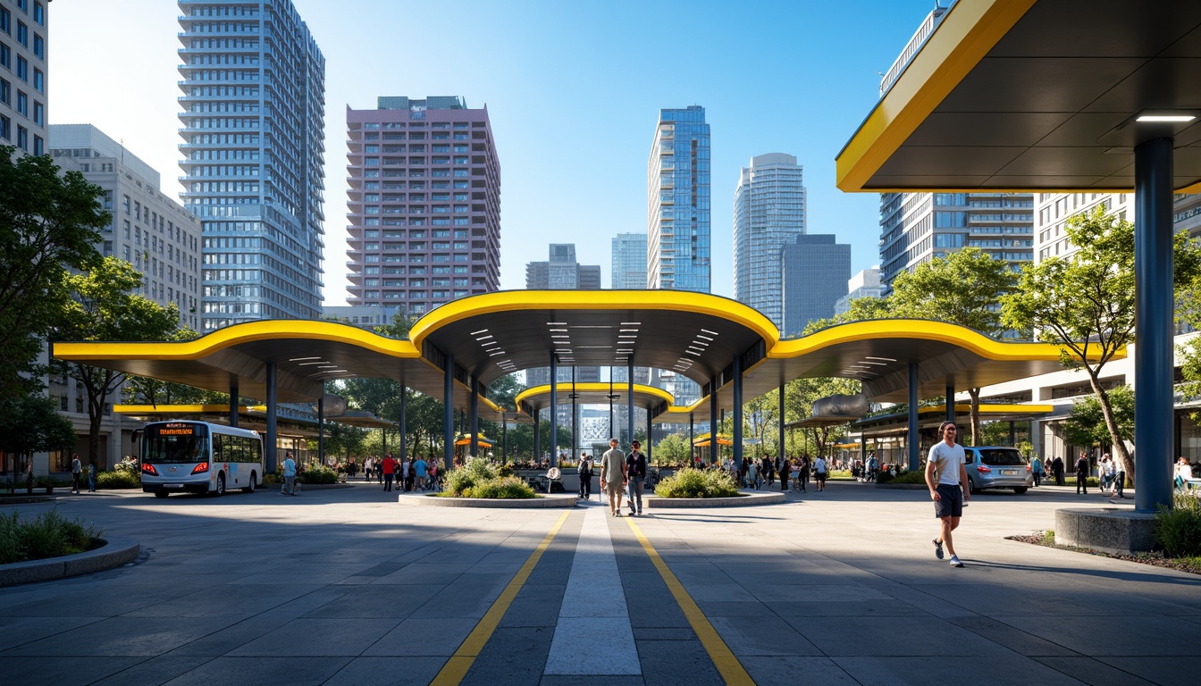 Prompt: Vibrant bus station, urban landscape, modern architecture, bold color scheme, bright yellow accents, deep blue tones, sleek silver lines, glass roofs, industrial materials, concrete walls, dynamic LED lighting, futuristic feel, bustling atmosphere, morning sunlight, shallow depth of field, 1/1 composition, realistic textures, ambient occlusion.Let me know if this meets your requirements!