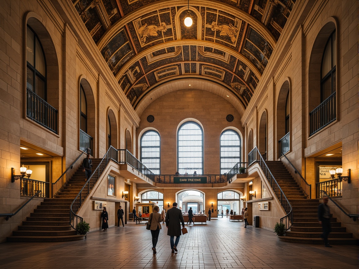 Prompt: Grand metro station, Romanesque archways, ornate stone carvings, vaulted ceilings, intricate mosaics, elegant staircases, spacious platforms, modern train systems, sleek signage, atmospheric lighting, warm beige tones, rustic stone textures, ornamental metalwork, dramatic ceiling heights, symmetrical compositions, 1/1 ratio framing, realistic renderings, ambient occlusion.Let me know if you need any adjustments!