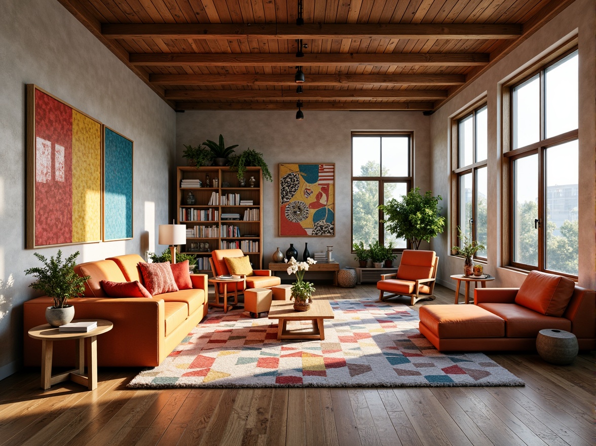 Prompt: Vibrant artistic studio, eclectic furniture arrangement, bold color accents, textured wall art, geometric patterned rug, natural wood flooring, oversized windows, abundant sunlight, soft warm lighting, 3/4 composition, panoramic view, realistic textures, ambient occlusion.