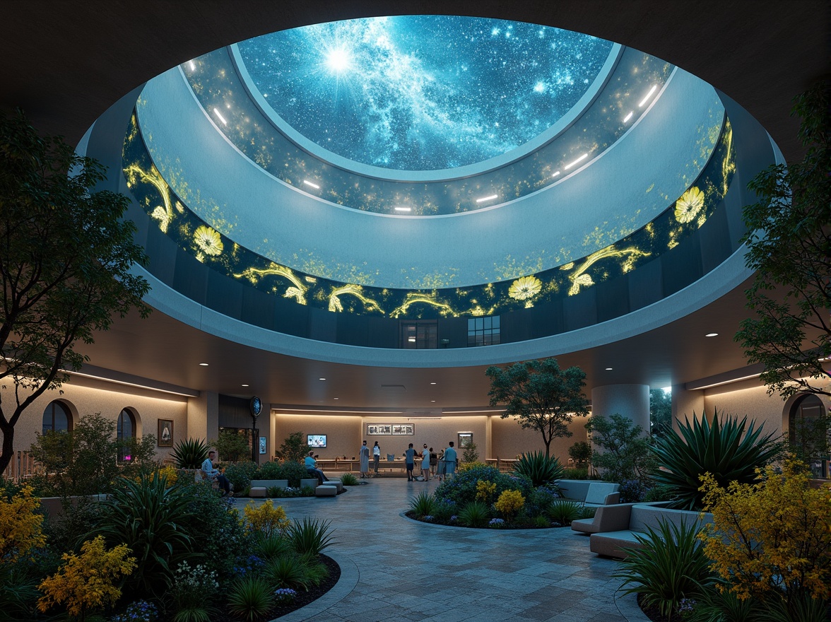 Prompt: Celestial planetarium dome, organic curves, bioluminescent accents, futuristic ambiance, starry night sky projections, 360-degree immersive experience, undulating hills, lush greenery, winding paths, natural stone walls, water features, koi ponds, vibrant flowers, soft warm lighting, misty atmosphere, shallow depth of field, panoramic view, realistic textures, ambient occlusion.