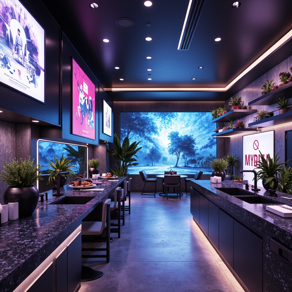 Prompt: Futuristic interior, sleek granite countertops, metallic accents, high-gloss finishes, angular lines, minimalist decor, ambient lighting, neon color schemes, holographic displays, futuristic gadgets, levitating furniture, virtual reality interfaces, abstract geometric patterns, iridescent materials, robotic assistants, space-age ambiance, cyberpunk vibes, avant-garde architecture.