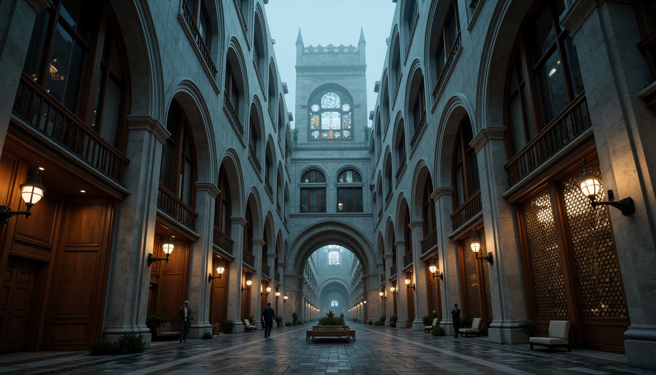 Prompt: Grandiose office building, ornate archways, intricately carved stonework, pointed ribbed vaults, stunning stained glass windows, dramatic flying buttresses, majestic clock towers, luxurious wood paneling, polished marble floors, eerie dim lighting, mysterious foggy atmosphere, cinematic 3/4 composition, low-angle shot, rich textures, detailed ornaments.