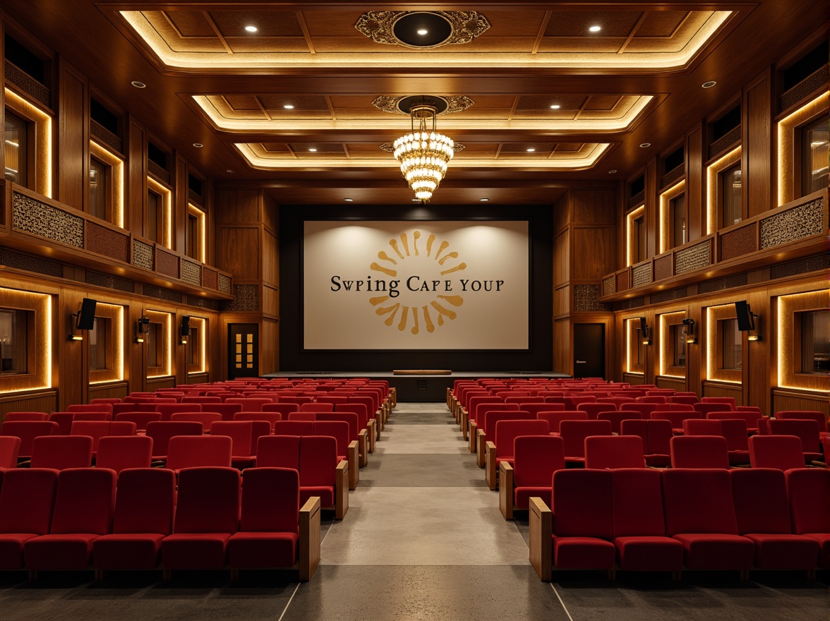 Prompt: Luxurious auditorium, rich wood tones, deep crimson red accents, golden lighting fixtures, plush velvet seats, ornate metalwork details, high ceilings, dramatic chandeliers, sophisticated neutral backgrounds, warm beige walls, cool gray floors, subtle texture patterns, elegant typography, spotlights on stage, soft warm glow, shallow depth of field, 1/1 composition, realistic renderings.