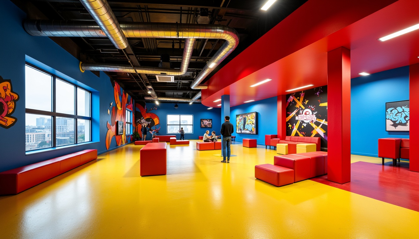 Prompt: Vibrant youth center, bold geometric shapes, primary color scheme, bright red accents, electric blue walls, sunny yellow floors, modern industrial materials, exposed ductwork, urban cityscape, graffiti murals, dynamic lighting, abstract artwork, metallic textures, futuristic atmosphere, 1/1 composition, high-contrast shadows, dramatic spotlighting.