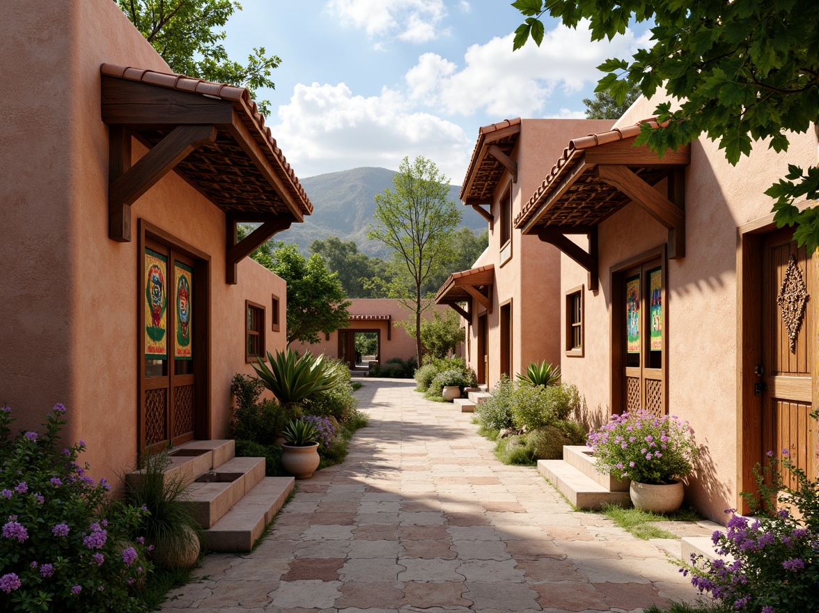 Prompt: Rustic village scene, earthen walls, tiled rooftops, wooden doorways, ornate carvings, vibrant colorful textiles, intricate geometric patterns, natural stone pavements, winding cobblestone streets, lush greenery, blooming flowers, warm sunny day, soft diffused lighting, shallow depth of field, 3/4 composition, realistic textures, ambient occlusion.