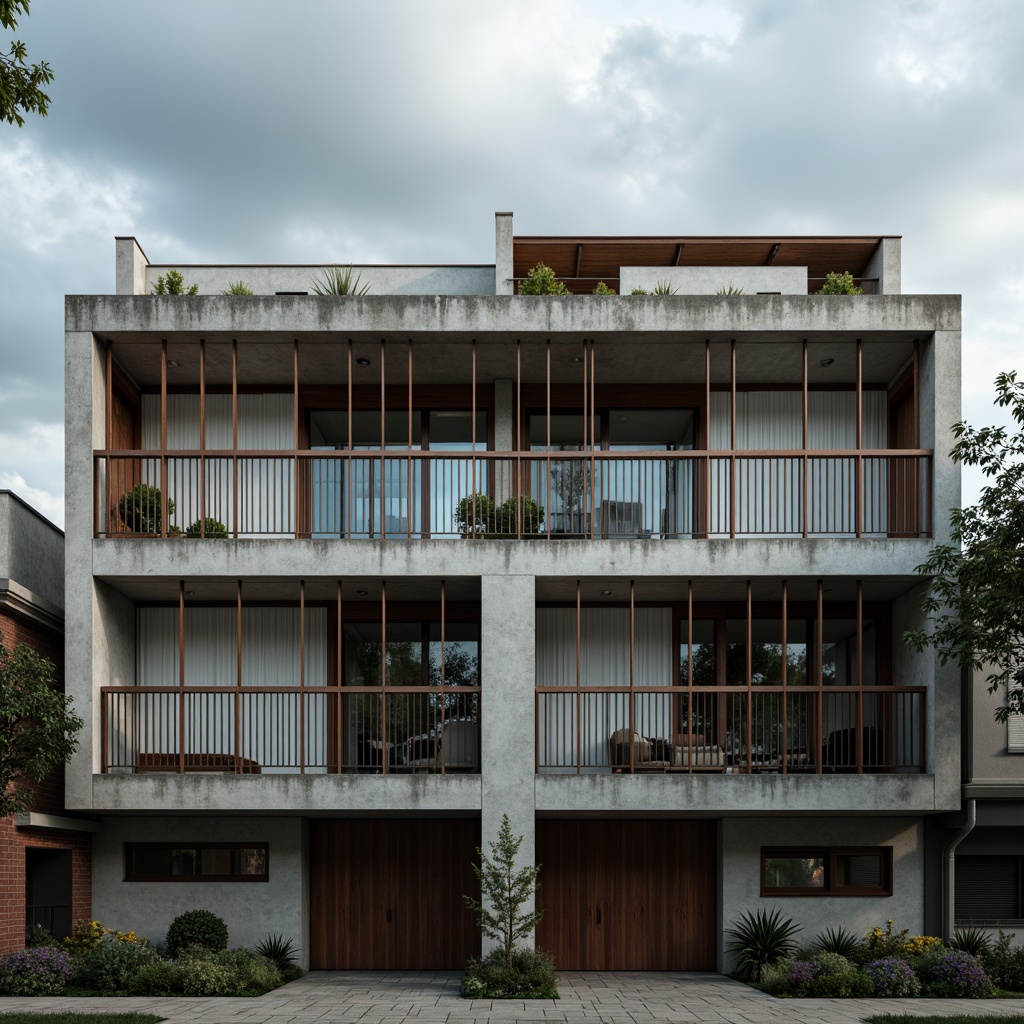 Prompt: Rationalist building facade, industrial materials, exposed concrete walls, steel beams, minimalist decor, functional simplicity, brutalist elements, rectangular forms, bold color schemes, raw textures, urban landscape, cloudy sky, dramatic shadows, low-key lighting, shallow depth of field, 2/3 composition, symmetrical view, realistic renderings, ambient occlusion.