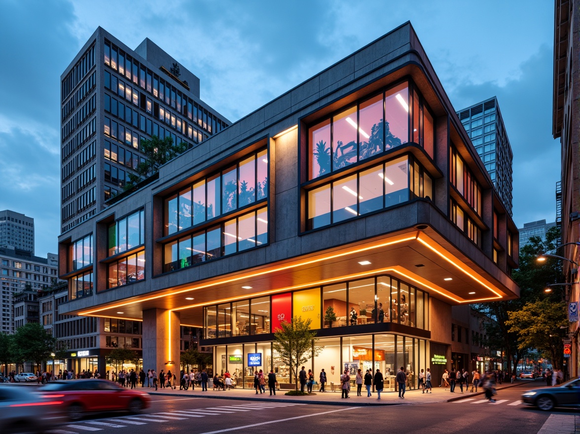 Prompt: Vibrant youth center, bold constructivist facade, geometric shapes, industrial materials, exposed ductwork, metal beams, concrete walls, neon color accents, abstract patterns, urban landscape, busy street scene, modern cityscape, eclectic mix of textures, dynamic lighting effects, shallow depth of field, 1/2 composition, architectural photography style, high-contrast tone mapping.