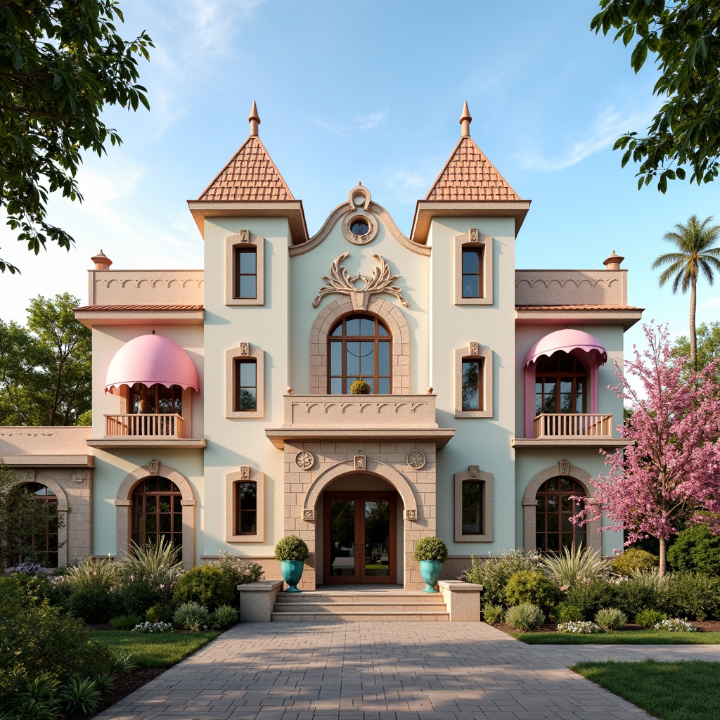 Prompt: Whimsical elementary school, pastel color facade, ornate Victorian-inspired details, intricate stone carvings, decorative turrets, fairytale-like towers, grand entrance gates, vibrant flower-patterned awnings, playful rounded windows, soft warm lighting, shallow depth of field, 3/4 composition, panoramic view, realistic textures, ambient occlusion, lush greenery, blooming trees, sunny day, natural stone walkways, brick buildings, modern architecture, large windows, glass doors.