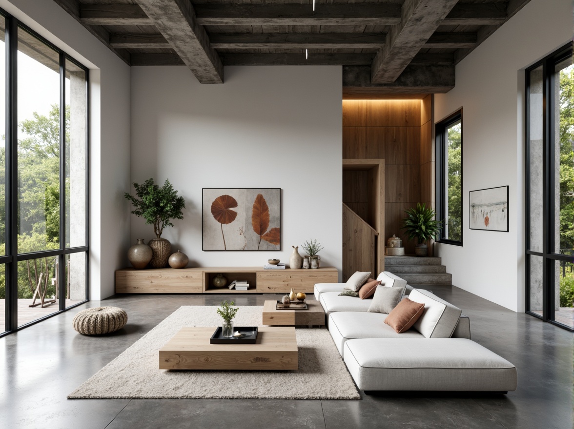 Prompt: Minimalist living room, sleek low-profile furniture, monochromatic color scheme, polished concrete floors, industrial metal beams, floor-to-ceiling windows, abundant natural light, subtle texture variations, hidden storage compartments, multi-functional decor, geometric-shaped decorative accents, soft warm lighting, shallow depth of field, 1/1 composition, realistic reflections, ambient occlusion.