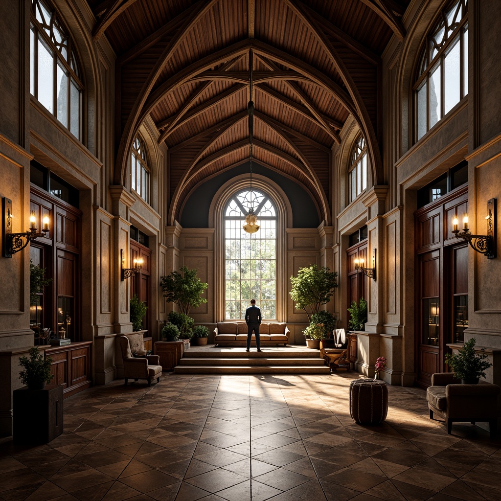 Prompt: Grand office entrance, ornate Gothic archways, ribbed vaults, pointed spires, stained glass windows, intricate stone carvings, dark wood paneling, luxurious furnishings, high ceilings, dramatic chandeliers, warm golden lighting, shallow depth of field, 1/1 composition, symmetrical view, realistic textures, ambient occlusion.