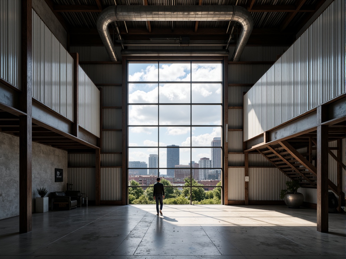 Prompt: Industrial warehouse, exposed steel beams, metal grid ceilings, corrugated iron cladding, riveted connections, functional piping systems, concrete flooring, minimalist decor, natural light pouring in, high ceilings, urban landscape views, cloudy grey sky, soft diffused lighting, shallow depth of field, 3/4 composition, realistic metallic textures, ambient occlusion.