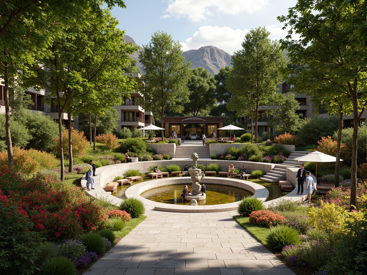 Prompt: Vibrant outdoor amphitheater, lush greenery, blooming flowers, meandering walkways, natural stone seating areas, wooden benches, artistic sculptures, dynamic water features, soft warm lighting, shallow depth of field, 3/4 composition, panoramic view, realistic textures, ambient occlusion.