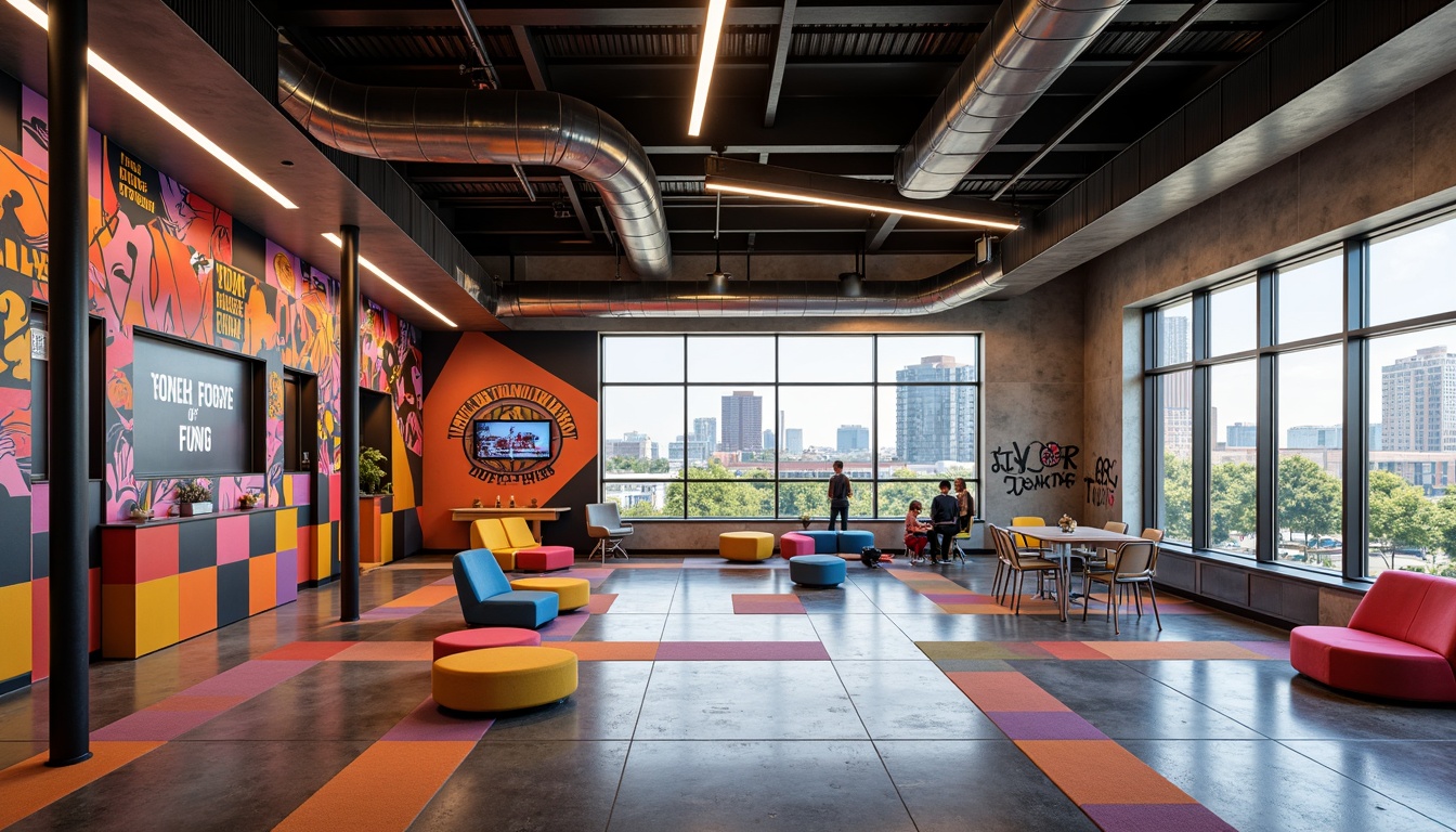 Prompt: Vibrant youth center, bold color blocking, geometric shapes, industrial materials, exposed ductwork, polished concrete floors, neon accent lighting, urban cityscape, abstract graffiti, dynamic diagonal lines, modern minimalist furniture, sleek metal railings, transparent glass partitions, collaborative open spaces, inspirational quotes, motivational slogans, energizing warm colors, stimulating cool tones, high-contrast visual hierarchy, 2.5D graphic compositions, low-poly 3D models, stylized illustrations, futuristic architectural elements, abstract sculptures, urban skate park, street art murals, eclectic cultural patterns, global connectivity symbols.